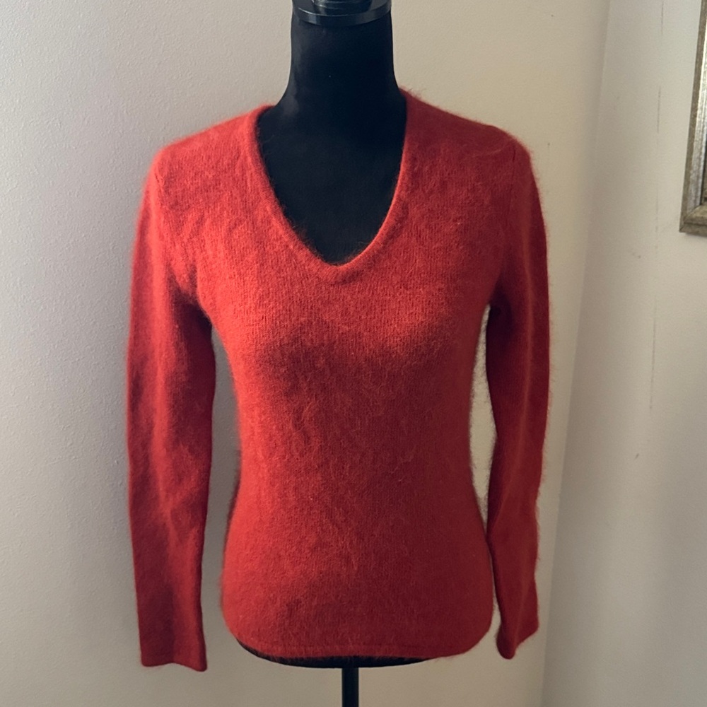Sarah Spencer brick / roast fall orange v neck angora blend Women's Sweater Sz S